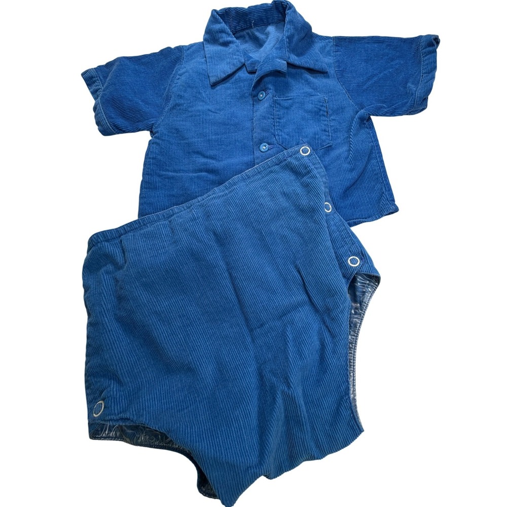 1950s Baby Corduroy Blue Shirt and Waterproof Diaper Cover Outfit Set Vintage